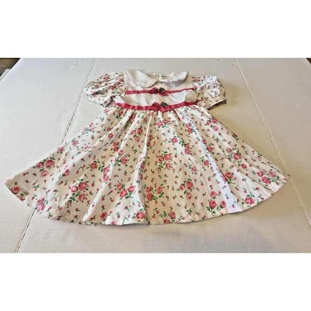 Vintage Floral White Pink Green Baby Doll Toddler Dress Sz 12M Easter Spring